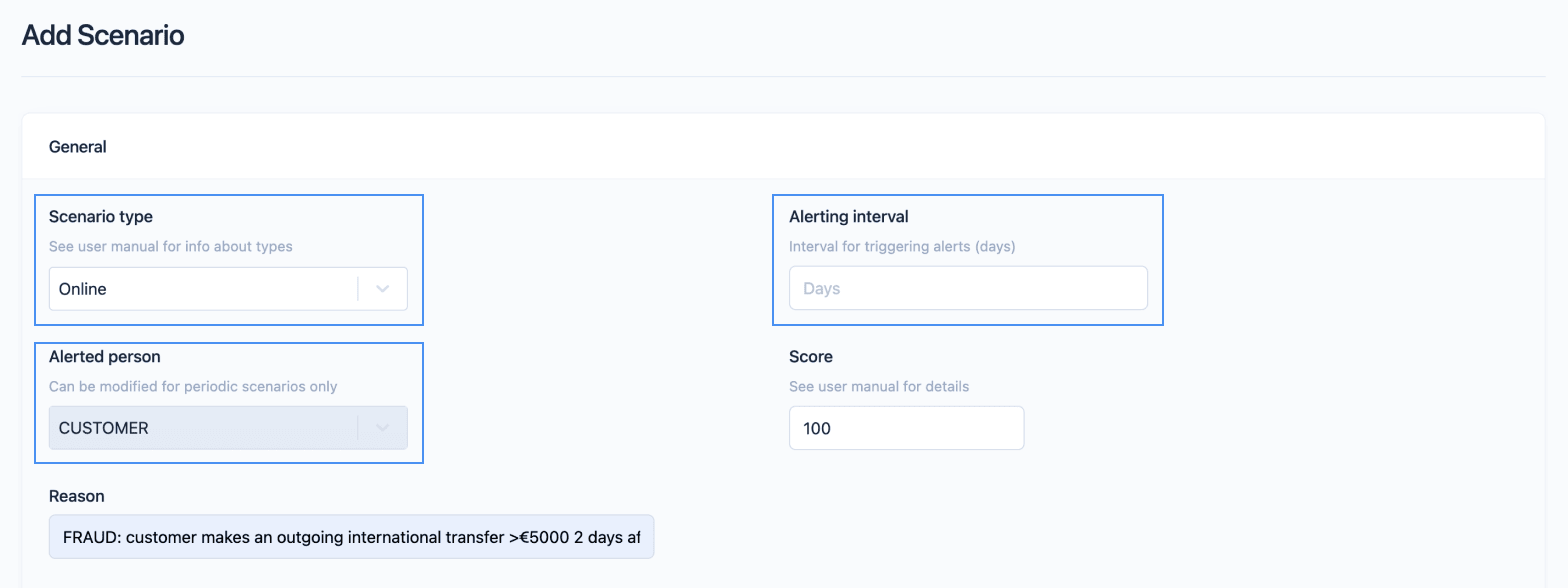 Define the monitoring rule type, reason, and alerting interval all on the same page.